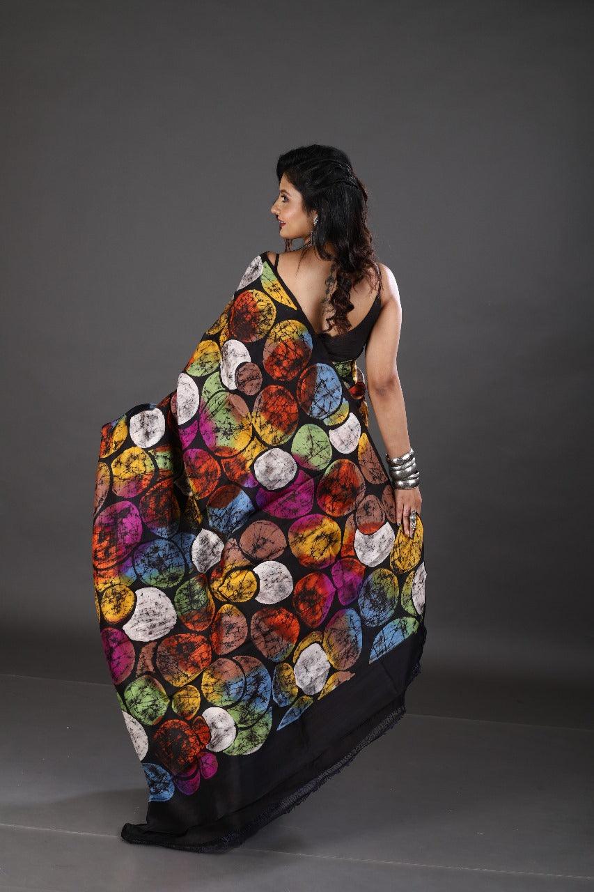 Black with multicolor palka dot handcrafted batik silk saree