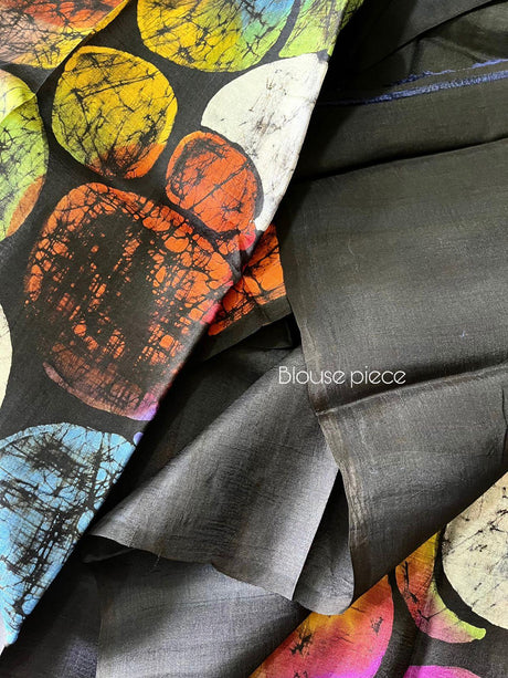 Black with multicolor palka dot handcrafted batik silk saree