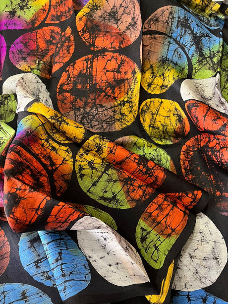 Black with multicolor palka dot handcrafted batik silk saree