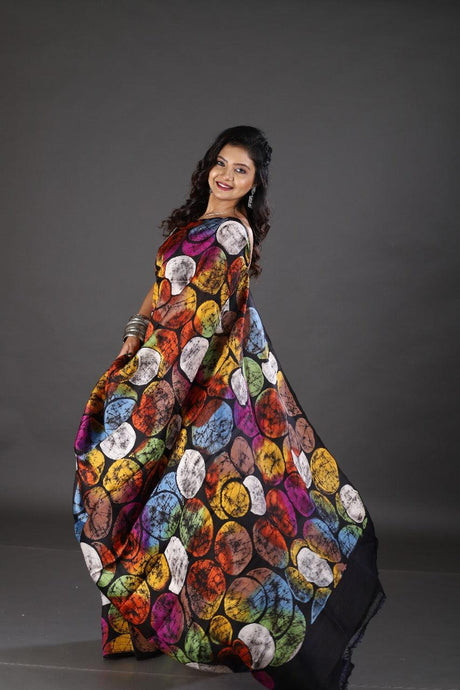Black with multicolor palka dot handcrafted batik silk saree