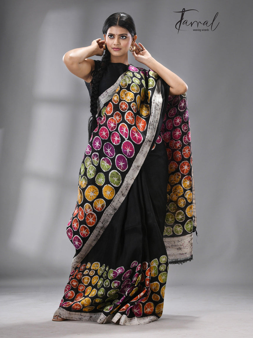 Black with multicolor water linen batik handcrafted silk saree