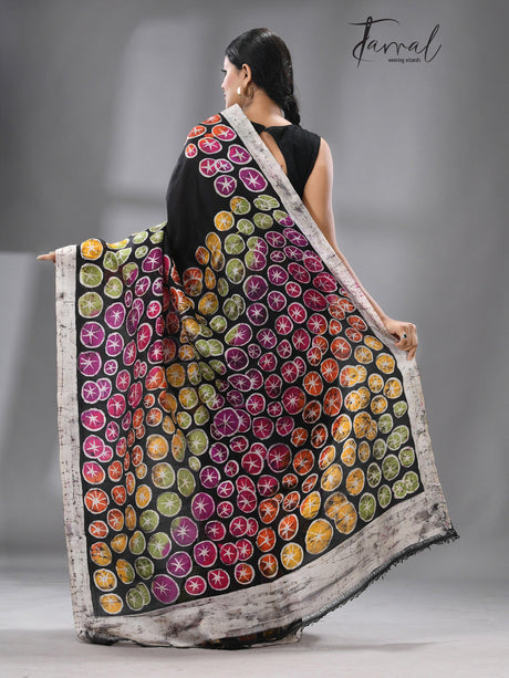 Black with multicolor water linen batik handcrafted silk saree