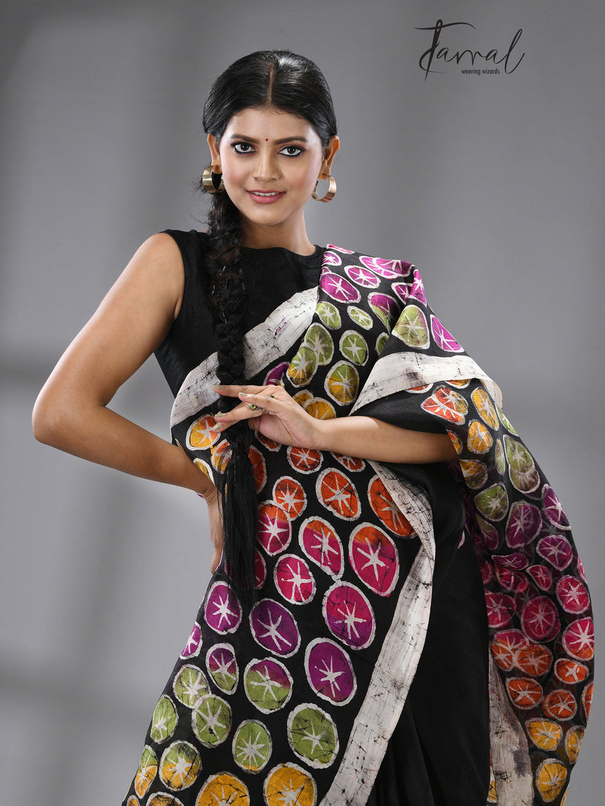 Black with multicolor water linen batik handcrafted silk saree