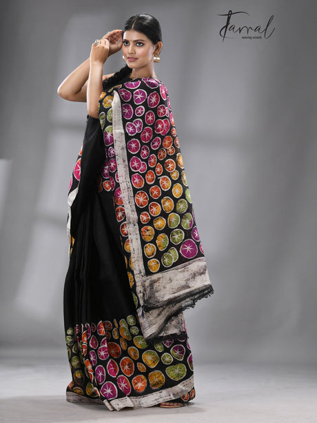 Black with multicolor water linen batik handcrafted silk saree