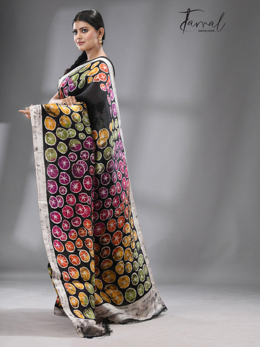 Black with multicolor water linen batik handcrafted silk saree