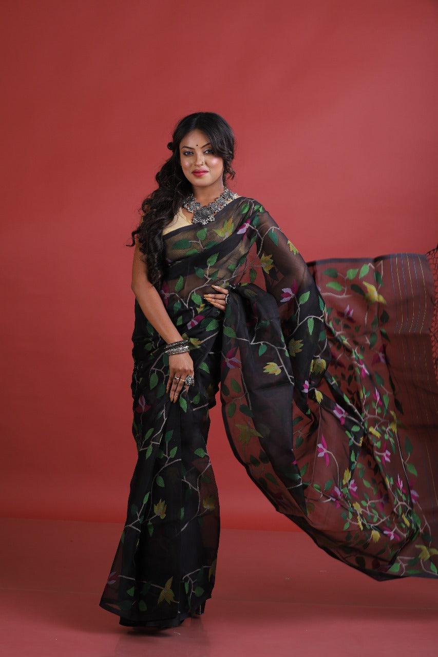 Black with multi colour allover floral handwoven jamdani saree - Tamal Boutique