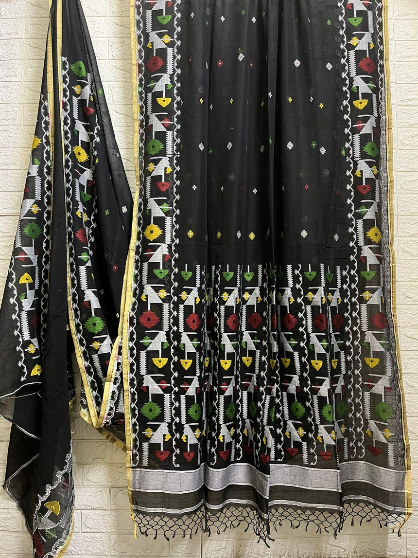 Black with multicolour pure cotton handloom jamdani saree