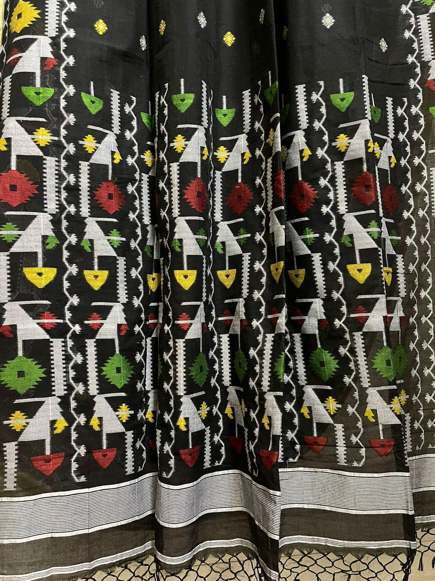 Black with multicolour pure cotton handloom jamdani saree