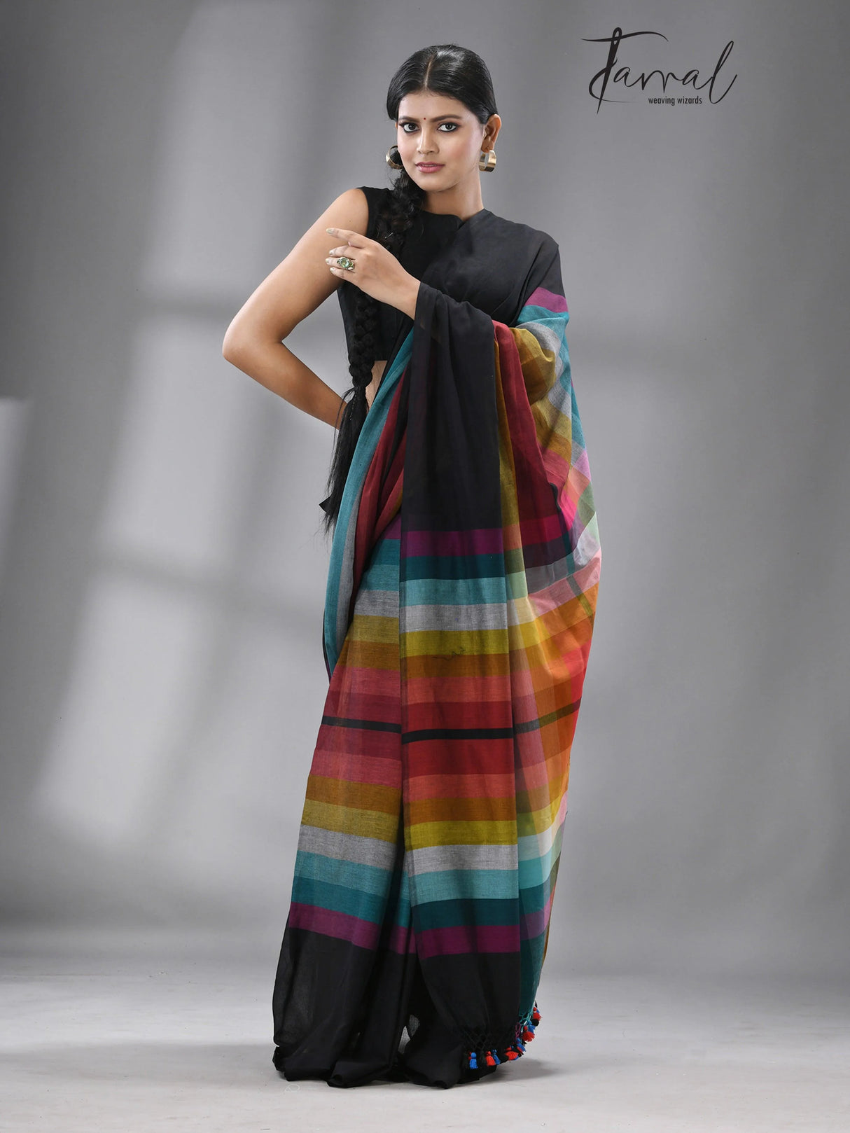 Black with rainbow mul cotton handloom saree