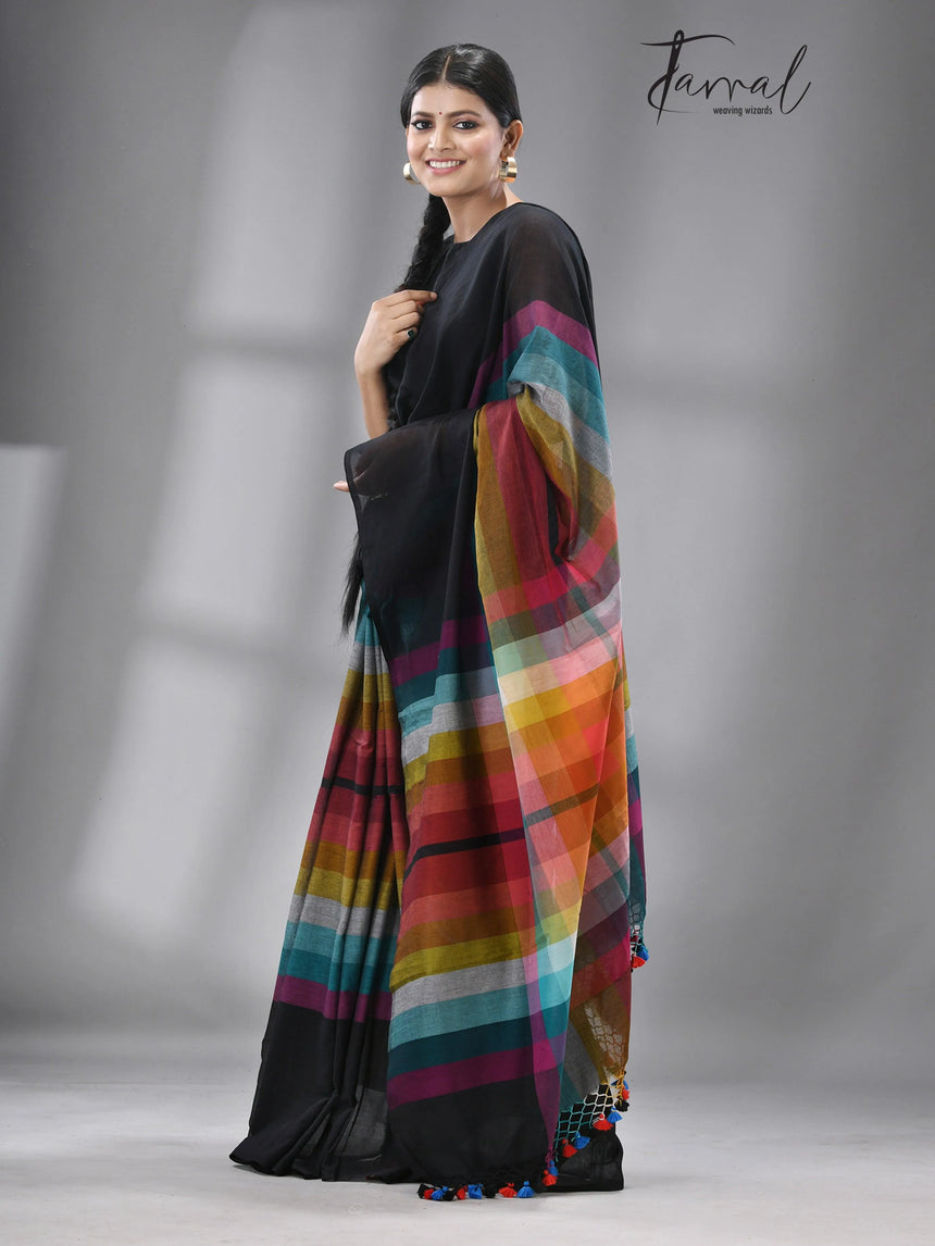 Black with rainbow mul cotton handloom saree