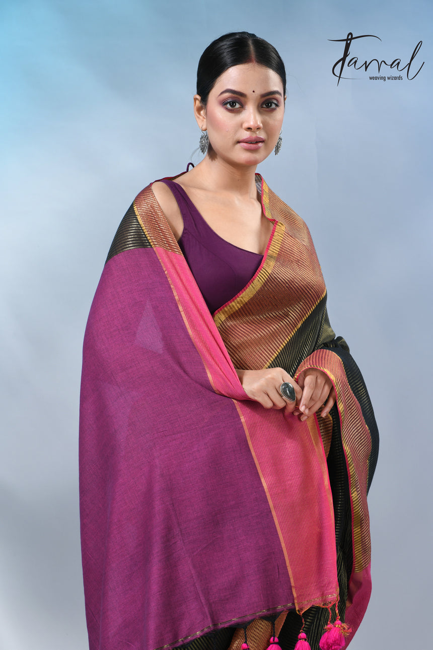 Black with rani color pallu zari striped cotton handloom saree