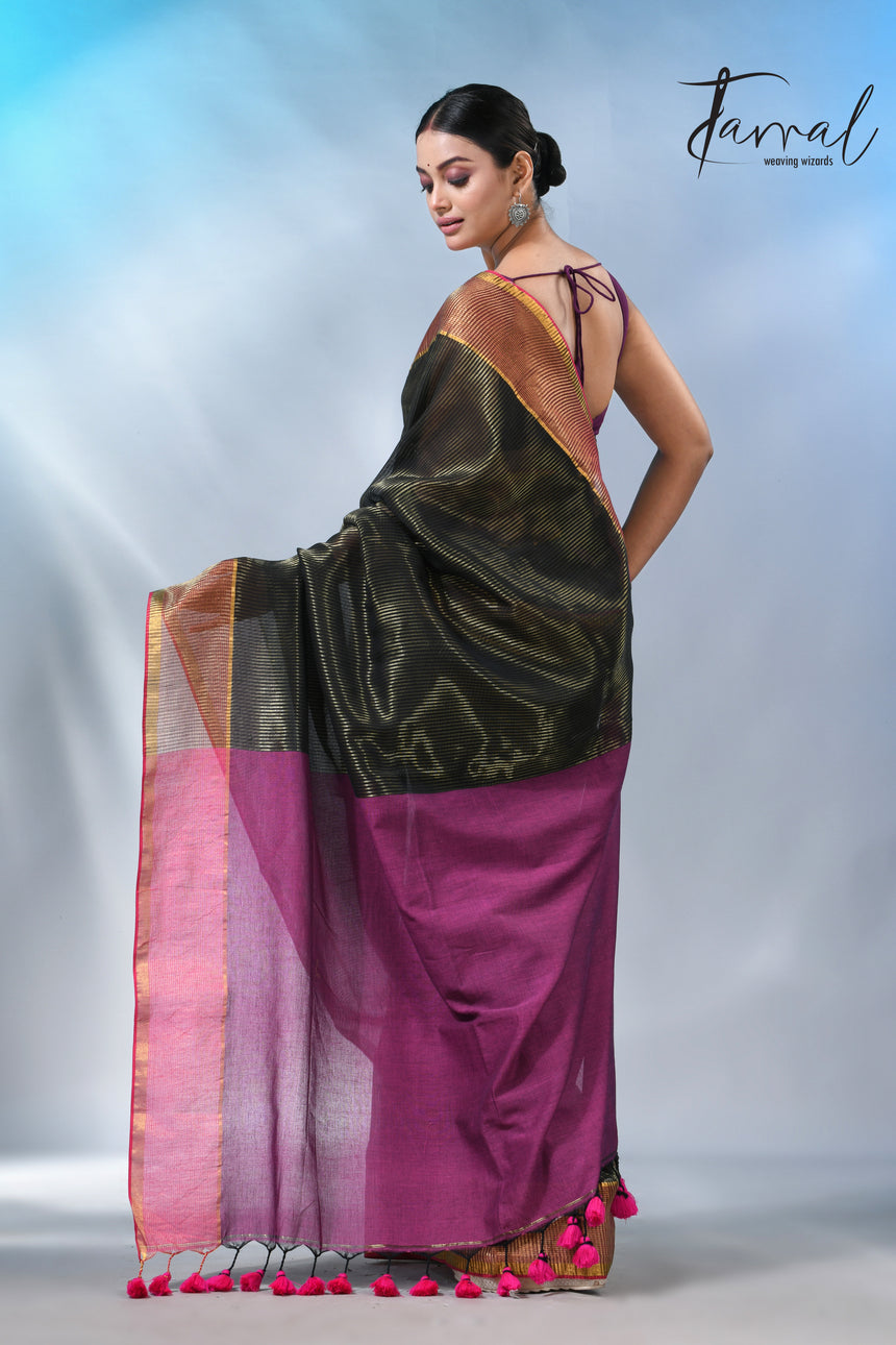 Black with rani colour pallu zari striped cotton handloom saree