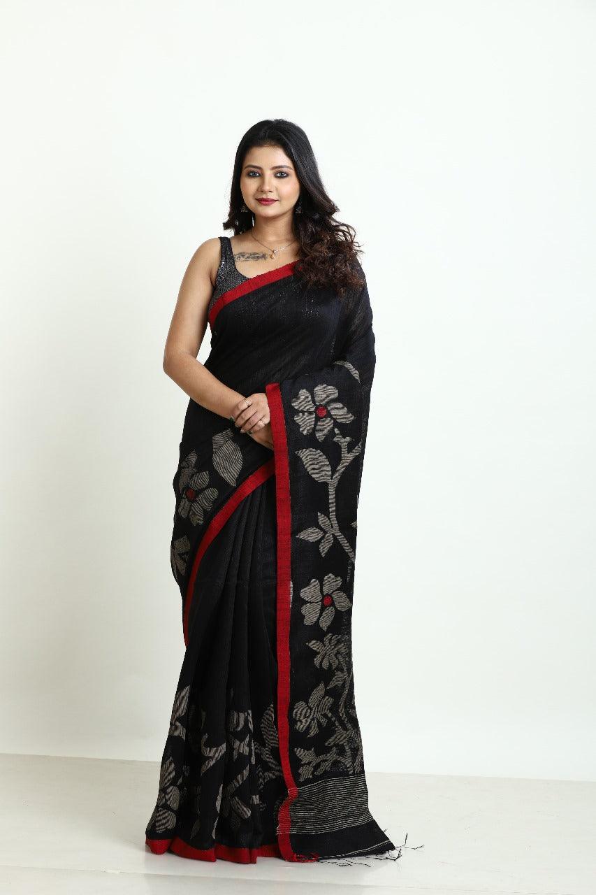 Black with red border Matka silk handwoven jamdani saree - Tamal Boutique