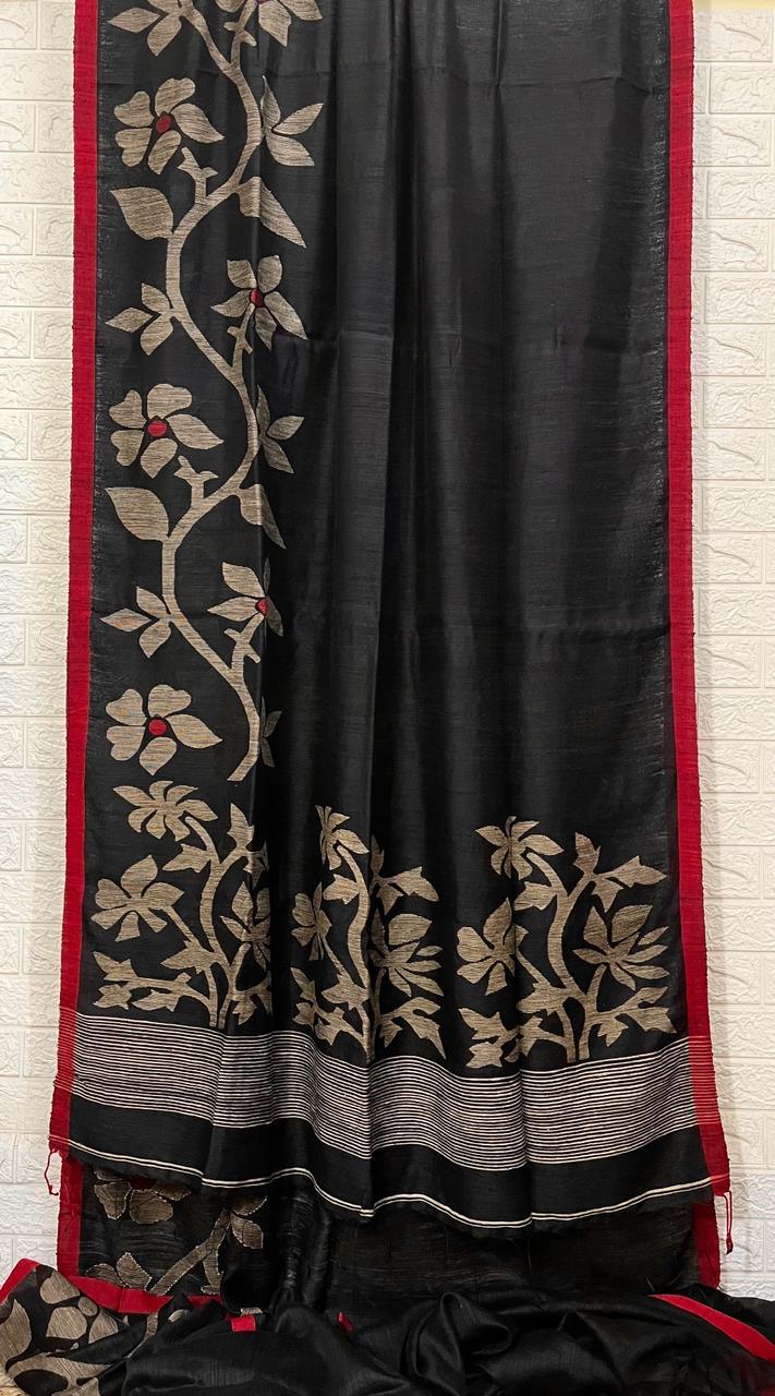 Black with red border Matka silk handwoven jamdani saree - Tamal Boutique