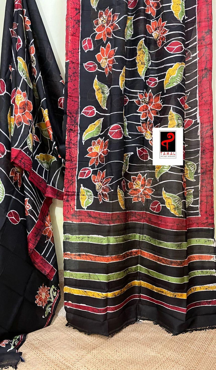 Black with red border lotus hand batik in katan silk saree