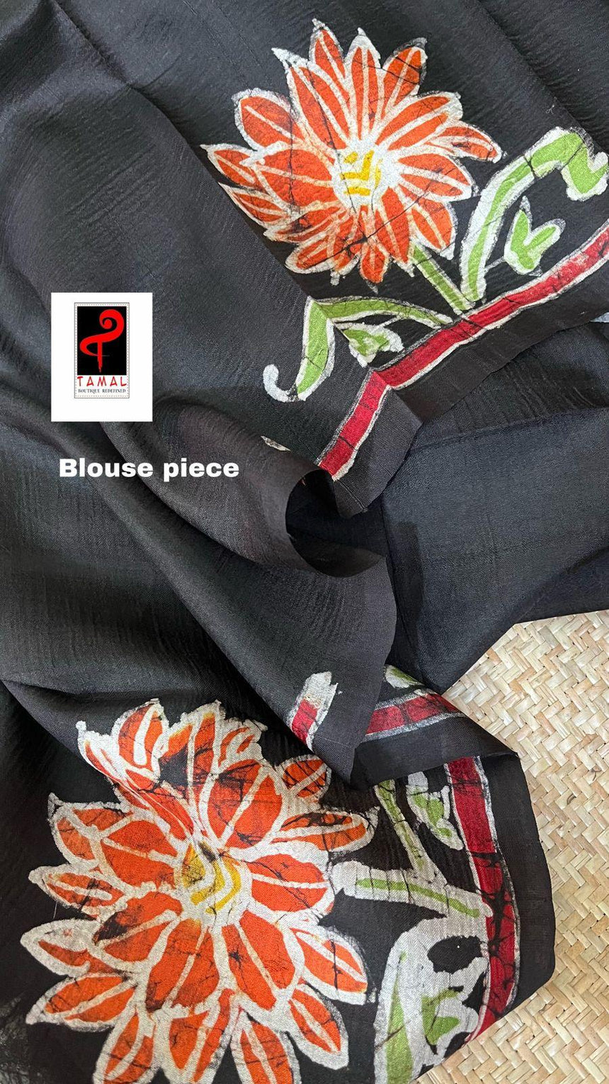 Black with red border lotus hand batik in katan silk saree