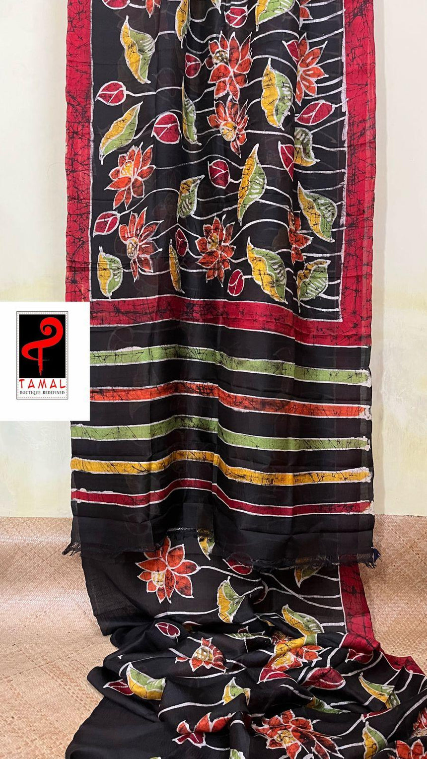 Black with red border lotus hand batik in katan silk saree