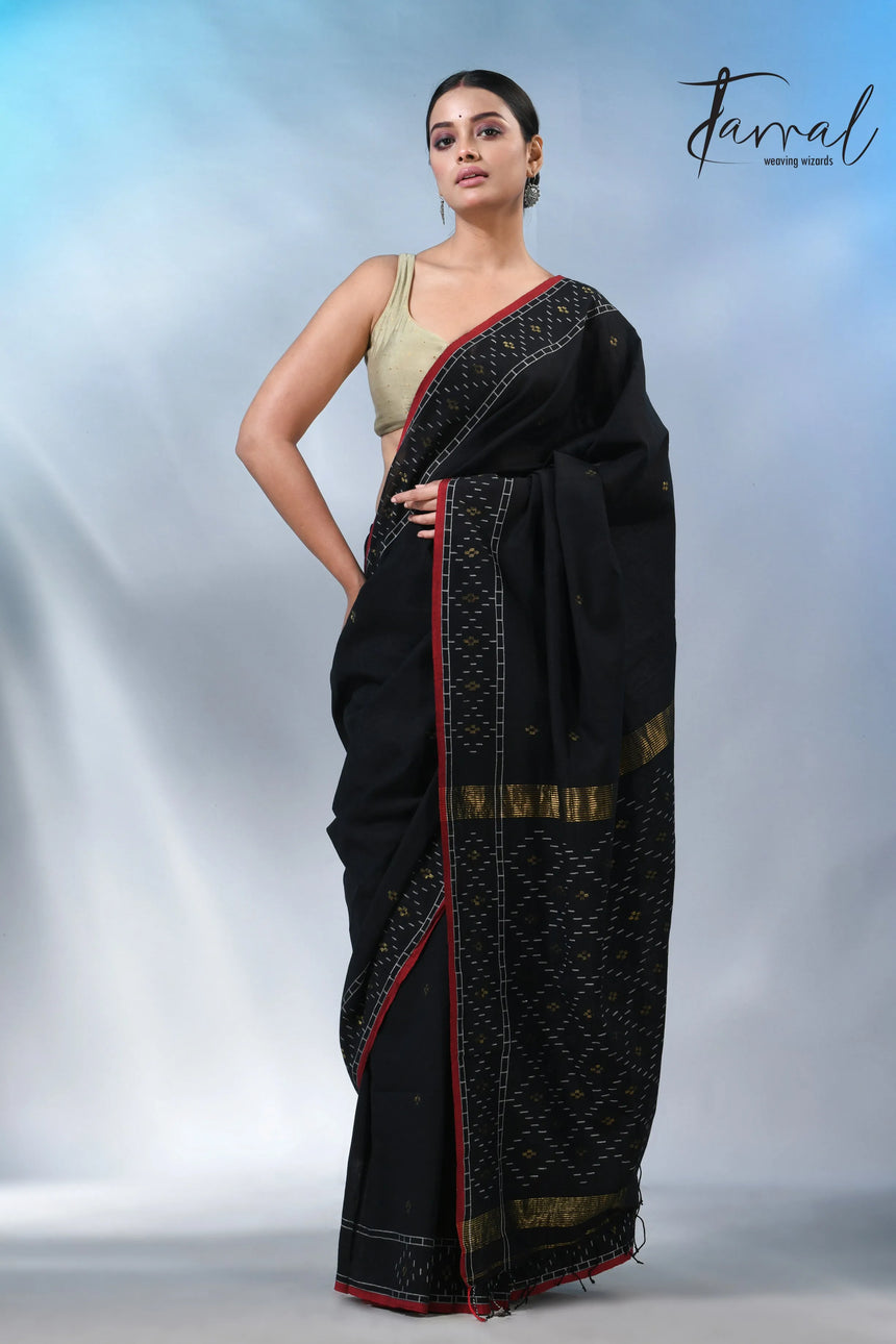 Black with red border pure cotton handwoven jamdani saree