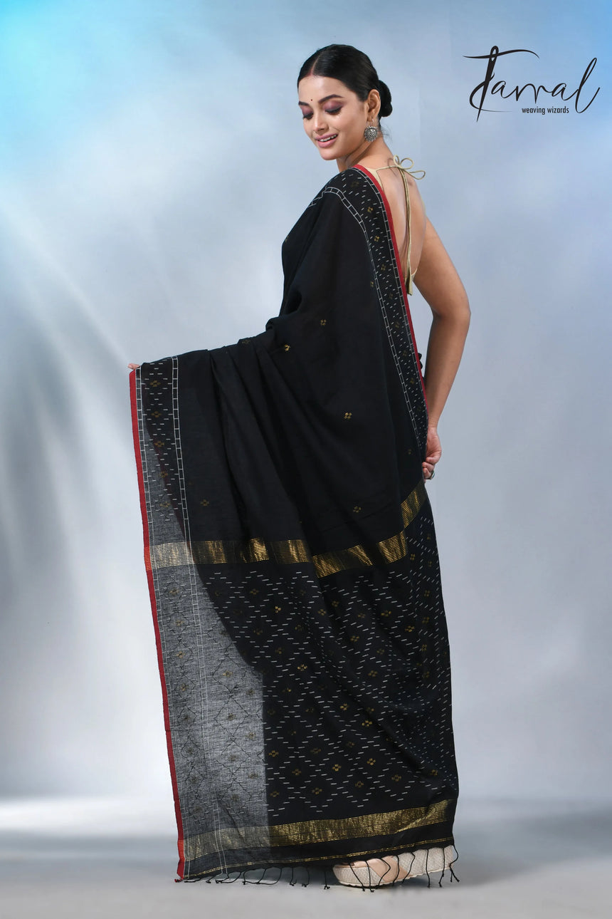 Black with red border pure cotton handwoven jamdani saree