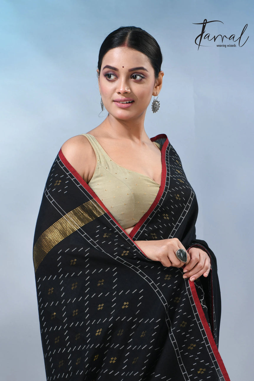 Black with red border pure cotton handwoven jamdani saree