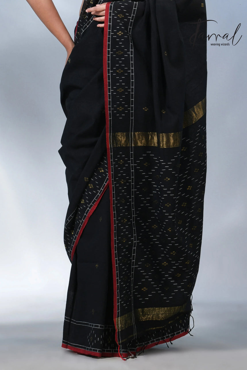 Black with red border pure cotton handwoven jamdani saree