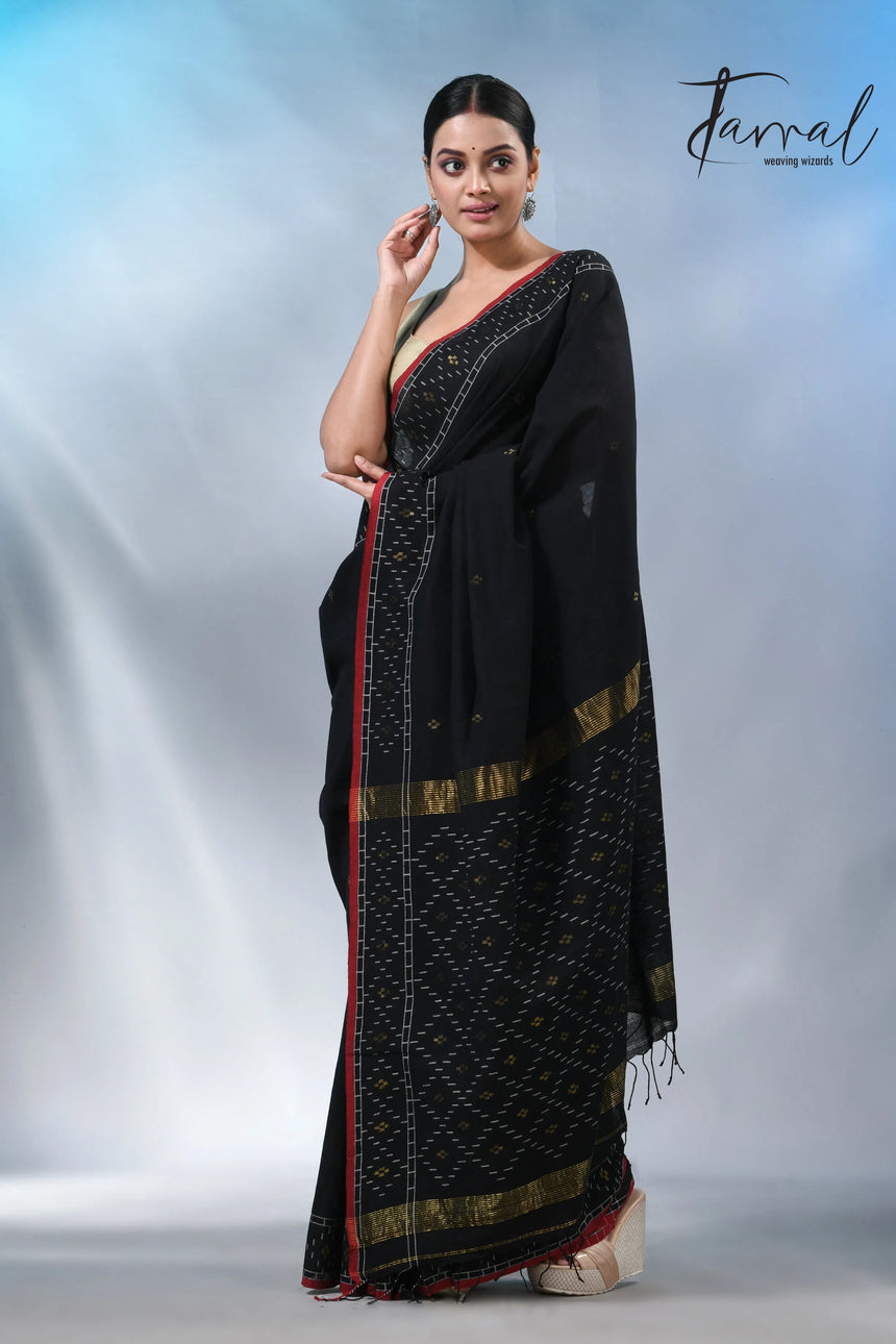 Black with red border pure cotton handwoven jamdani saree