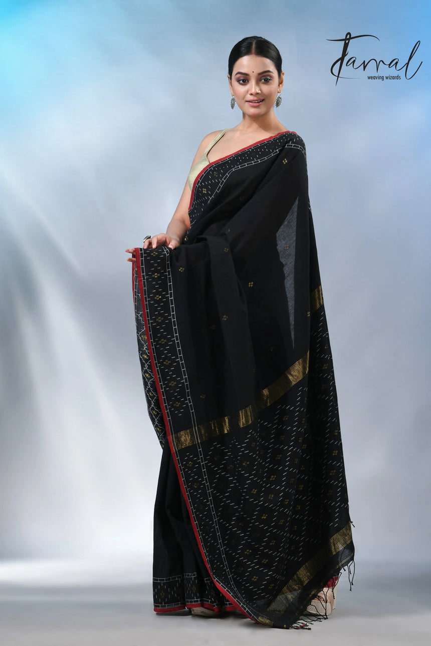 Black with red border pure cotton handwoven jamdani saree