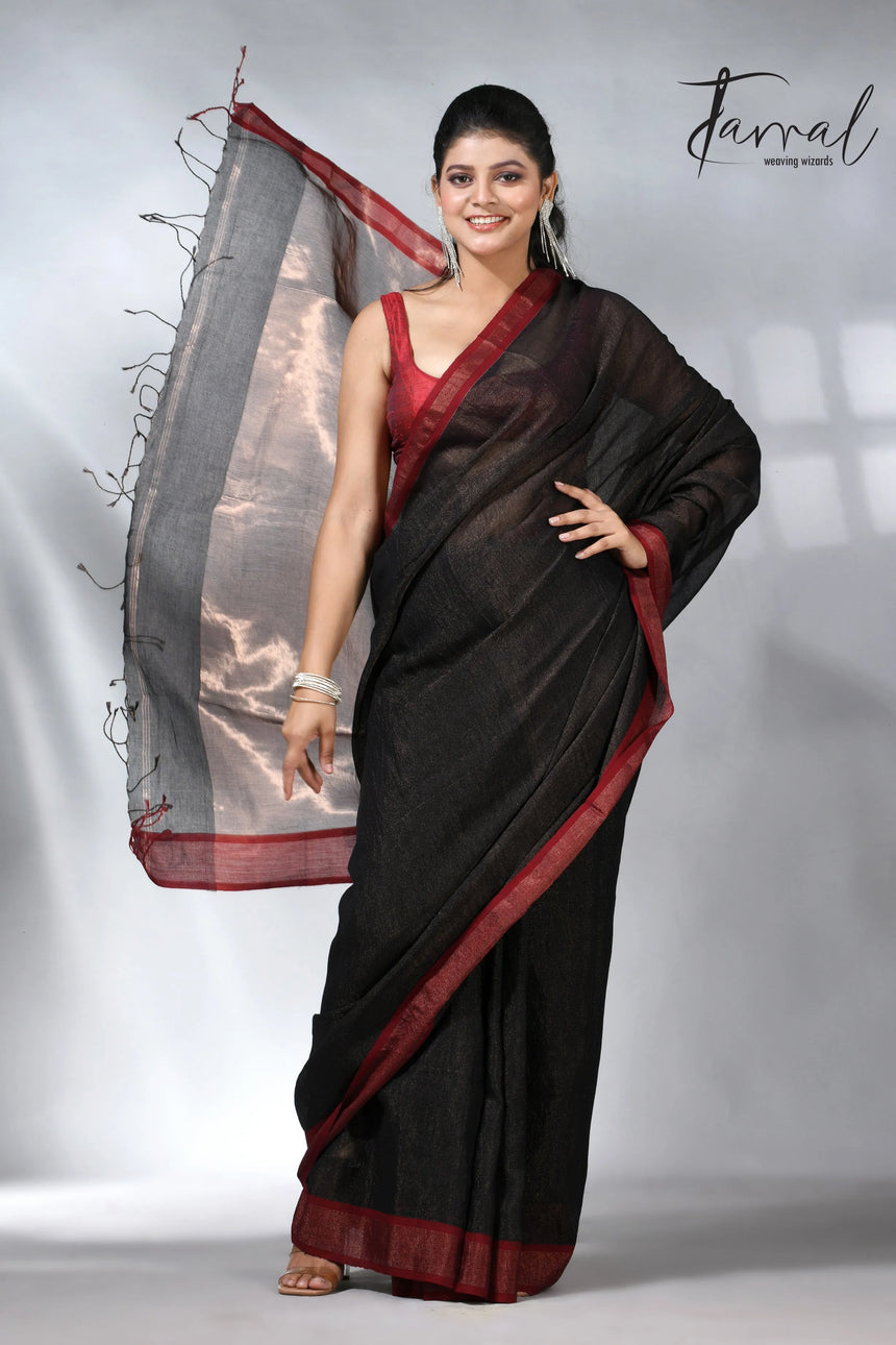 Black with red color border pure tissue linen handloom saree