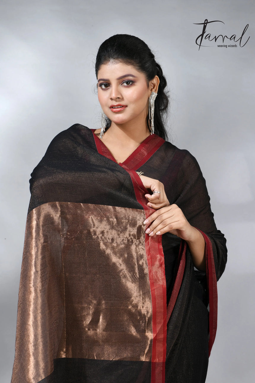 Black with red color border pure tissue linen handloom saree