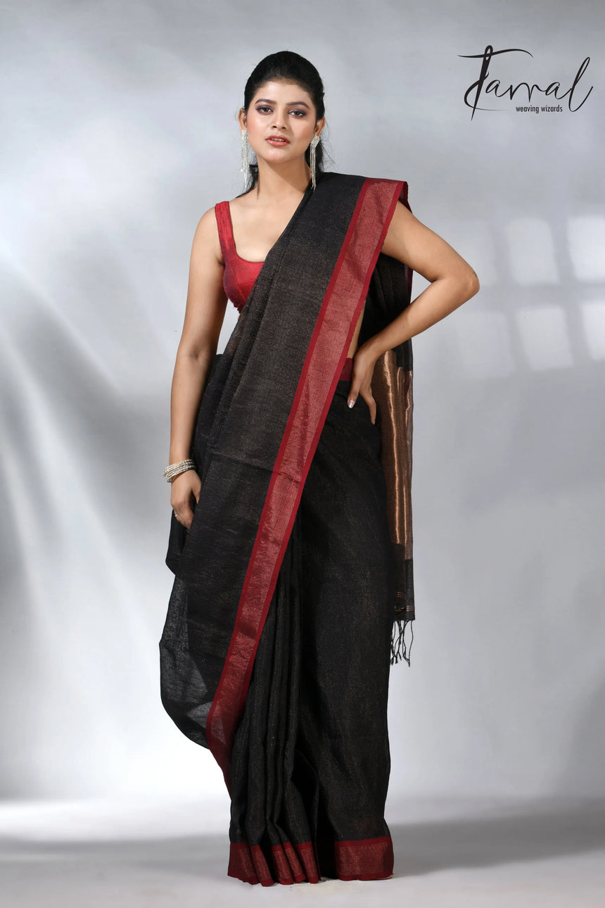 Black with red color border pure tissue linen handloom saree