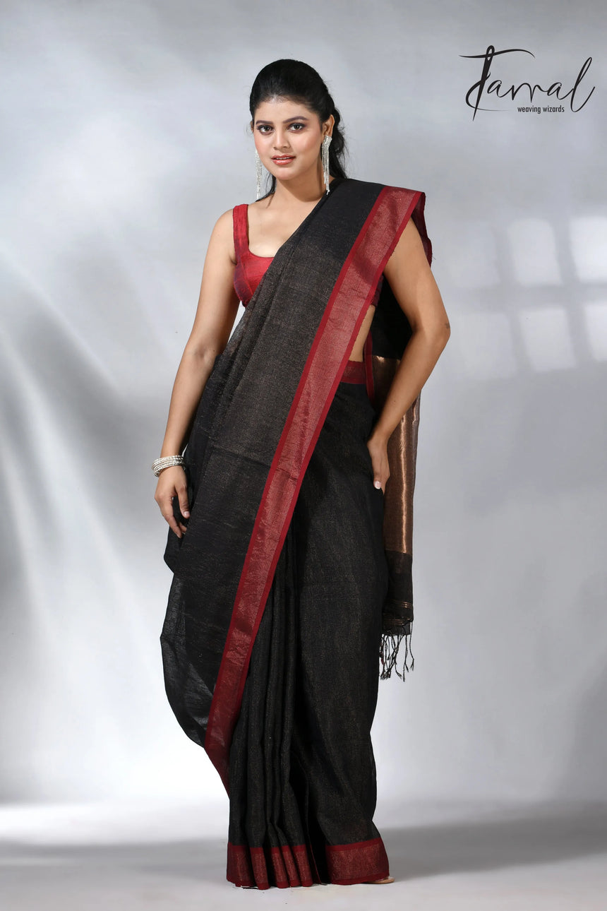 Black with red color border pure tissue linen handloom saree
