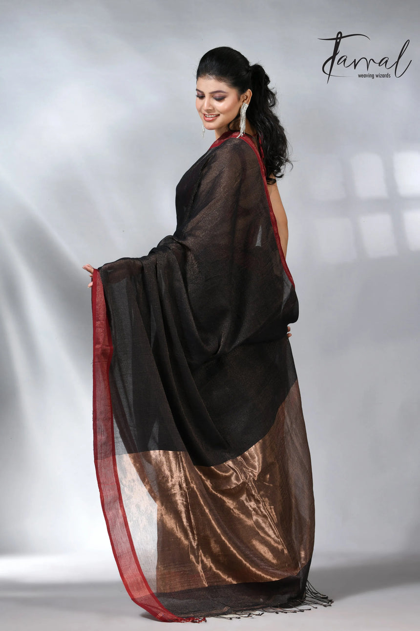 Black with red color border pure tissue linen handloom saree