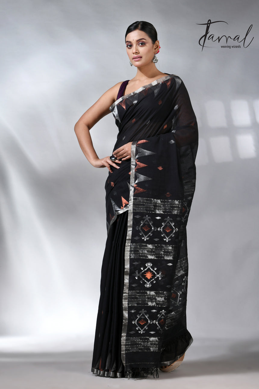 Black with silver zari border cotton handwoven jamdani saree