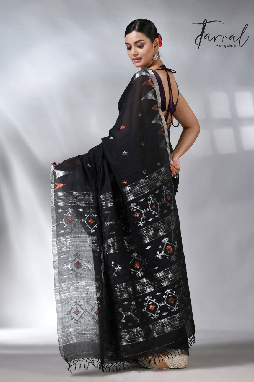 Black with silver zari border cotton handwoven jamdani saree
