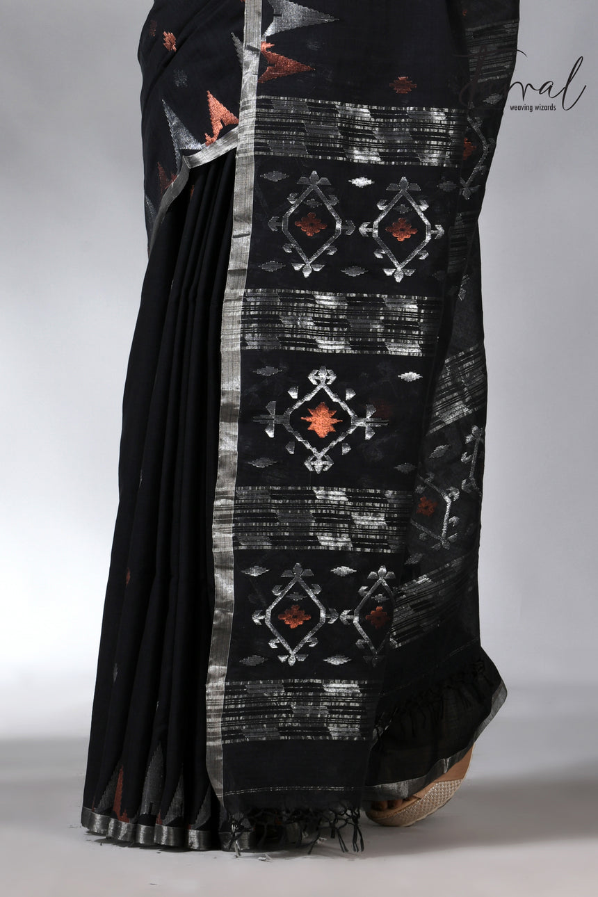 Black with silver zari border cotton handwoven jamdani saree