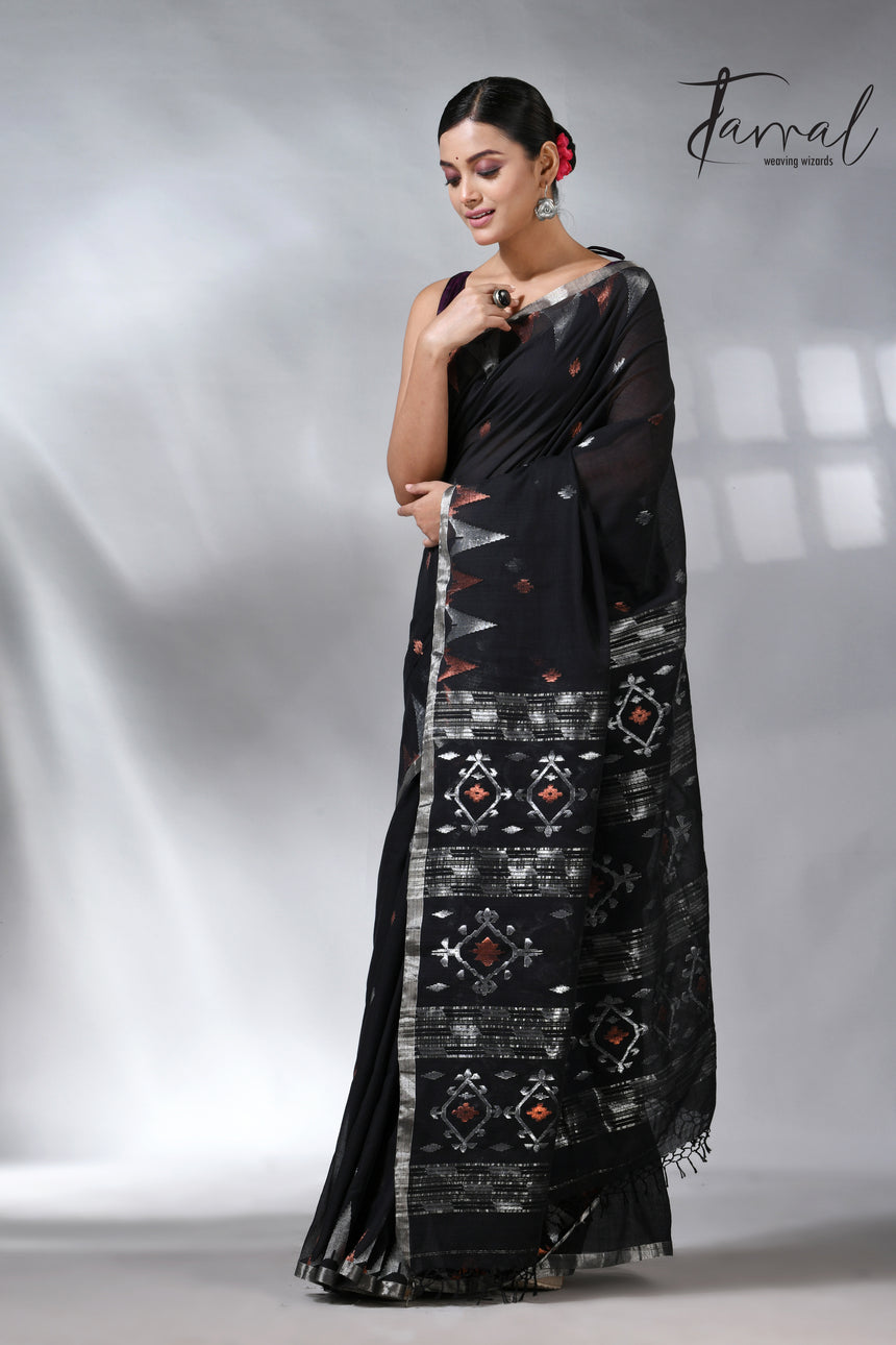 Black with silver zari border cotton handwoven jamdani saree