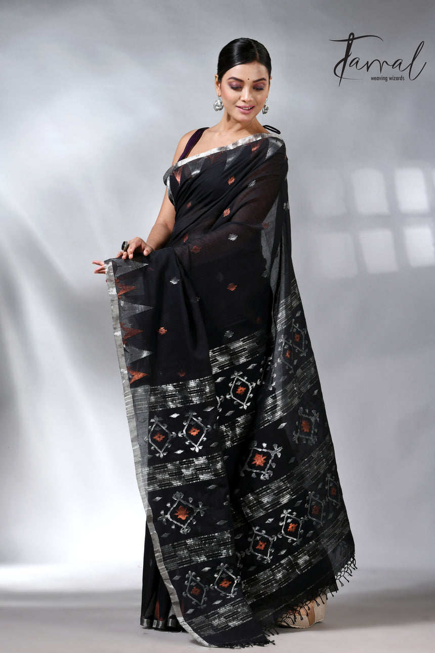 Black with silver zari border cotton handwoven jamdani saree