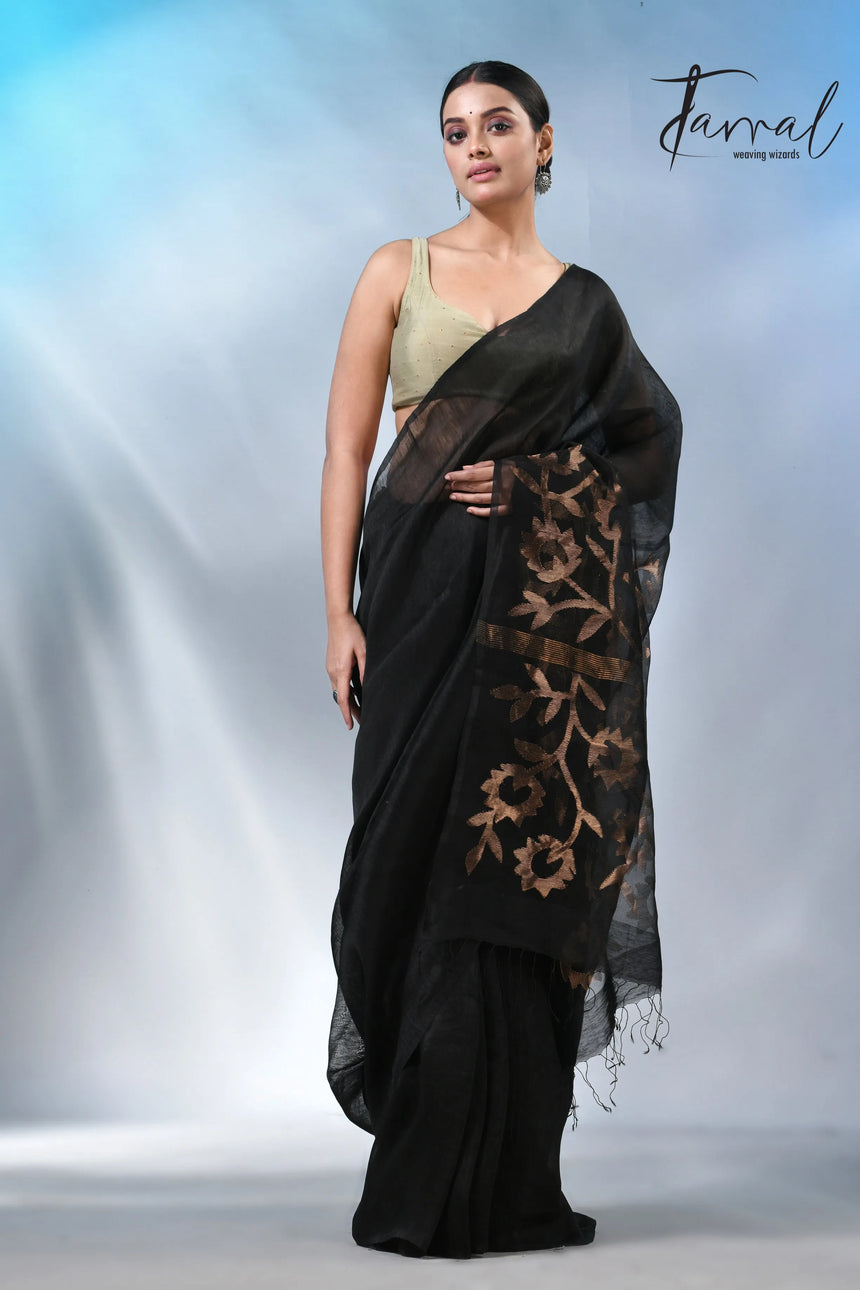 Black with sunflower pallu silk linen handwoven jamdani saree