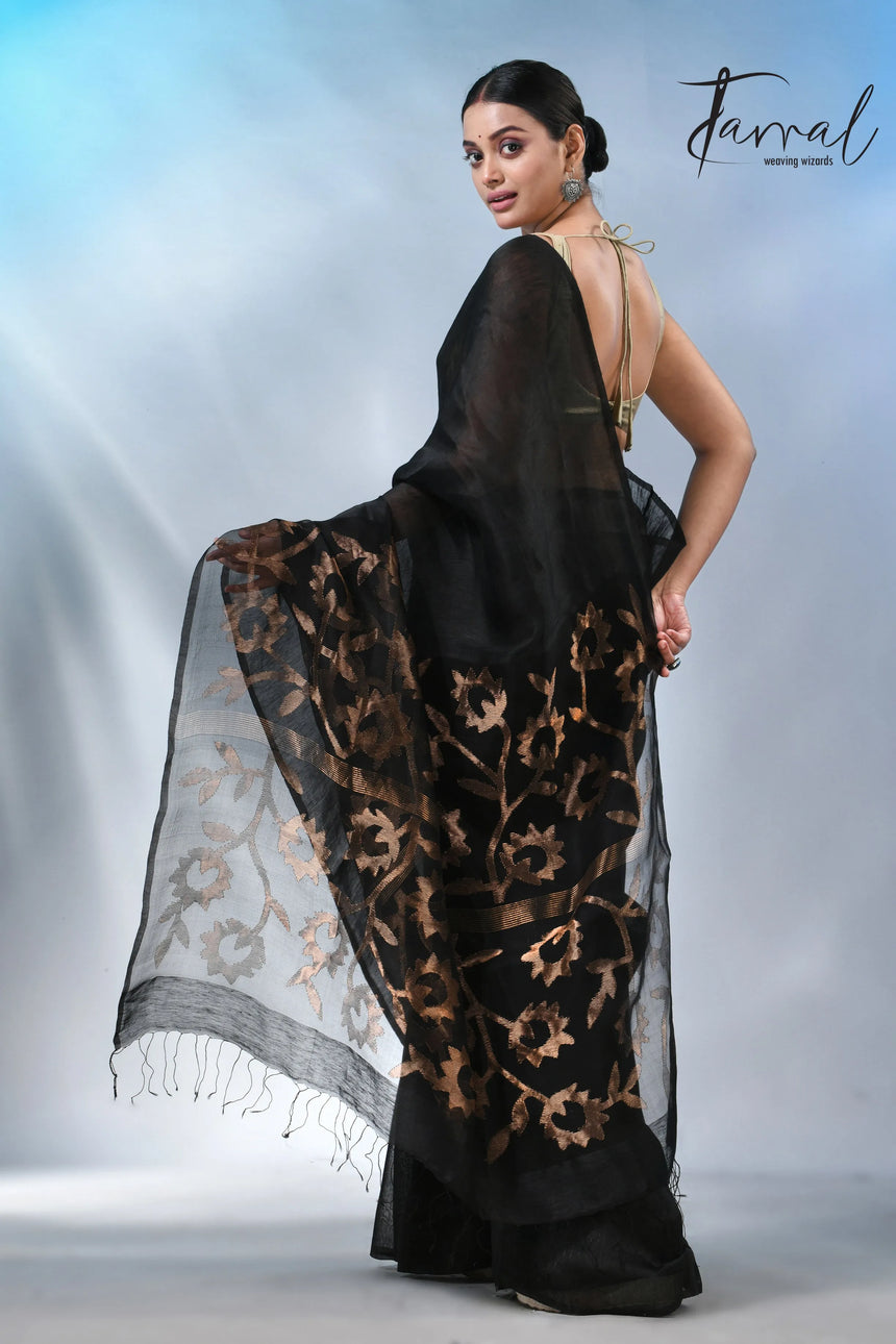 Black with sunflower pallu silk linen handwoven jamdani saree