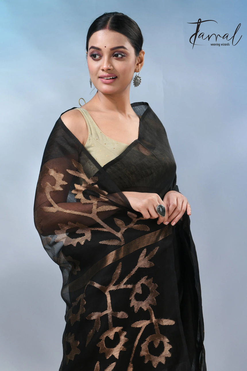 Black with sunflower pallu silk linen handwoven jamdani saree