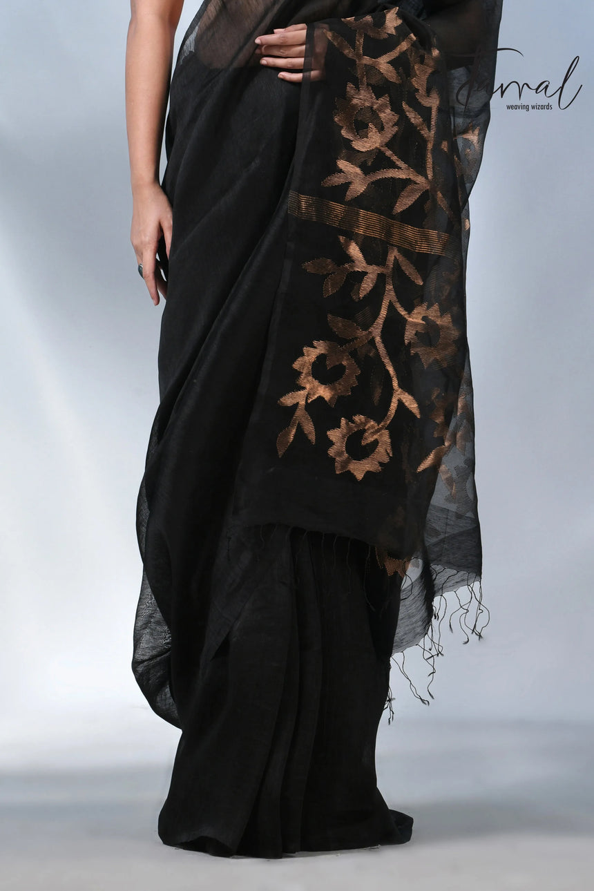 Black with sunflower pallu silk linen handwoven jamdani saree
