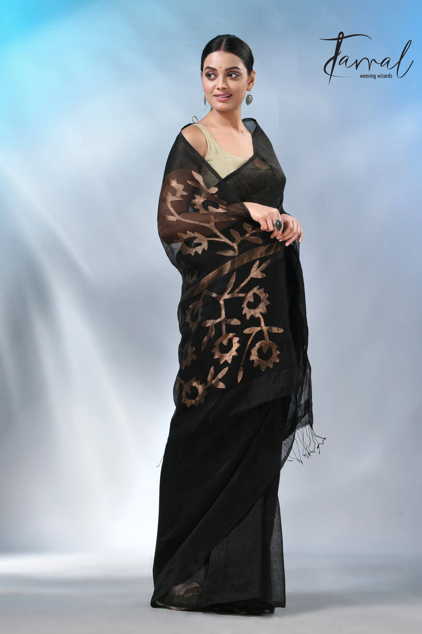 Black with sunflower pallu silk linen handwoven jamdani saree