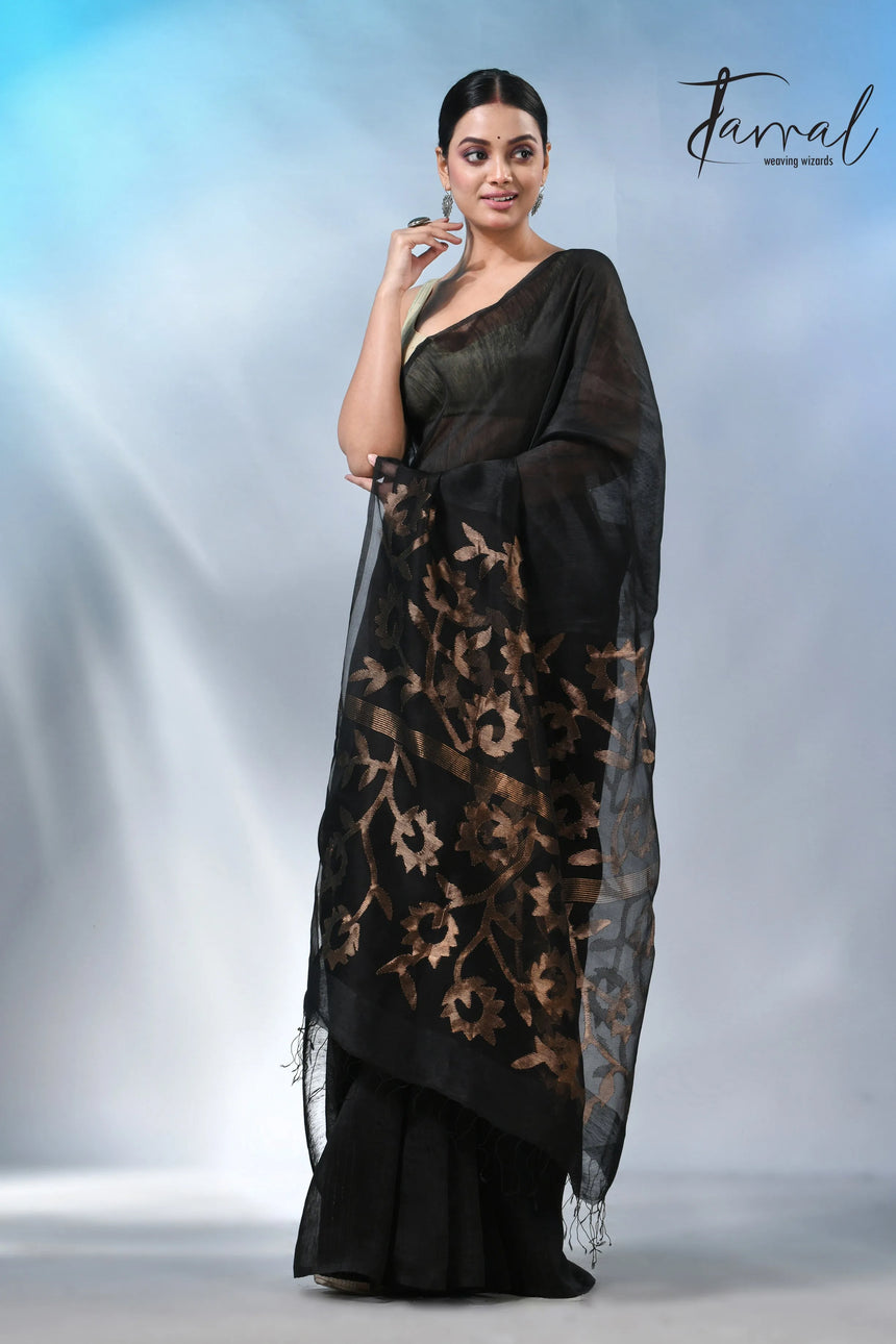 Black with sunflower pallu silk linen handwoven jamdani saree