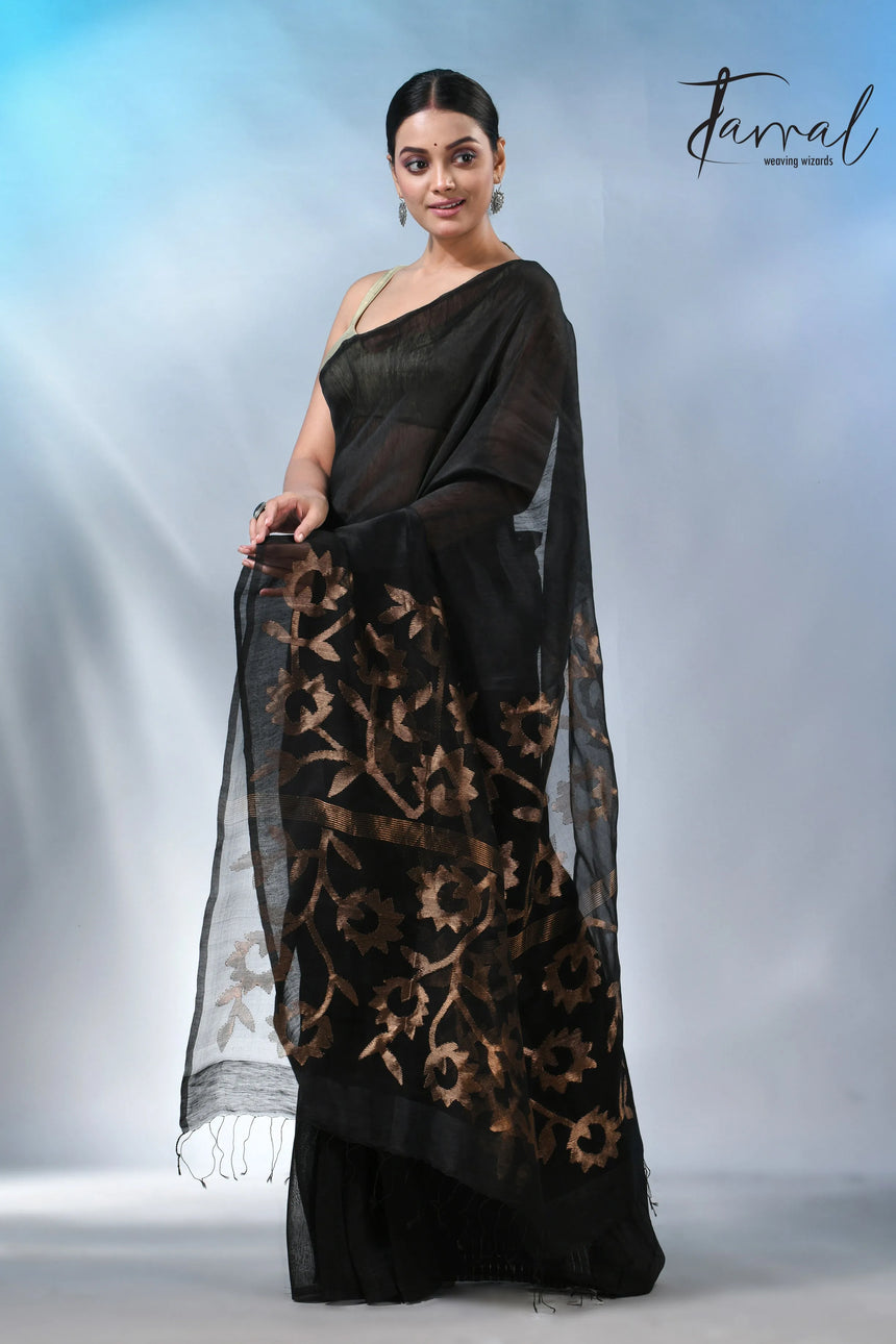 Black with sunflower pallu silk linen handwoven jamdani saree