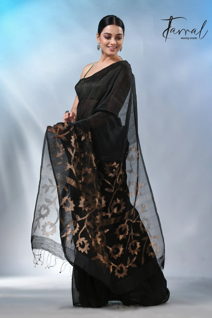 Black with sunflower pallu silk linen handwoven jamdani saree