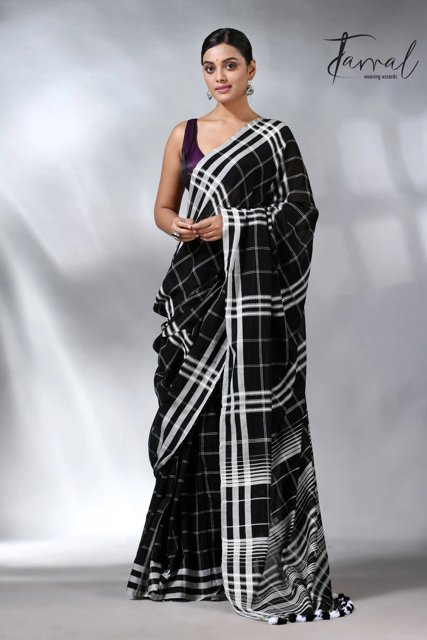 Black with white border checks bhujodi cotton handloom saree