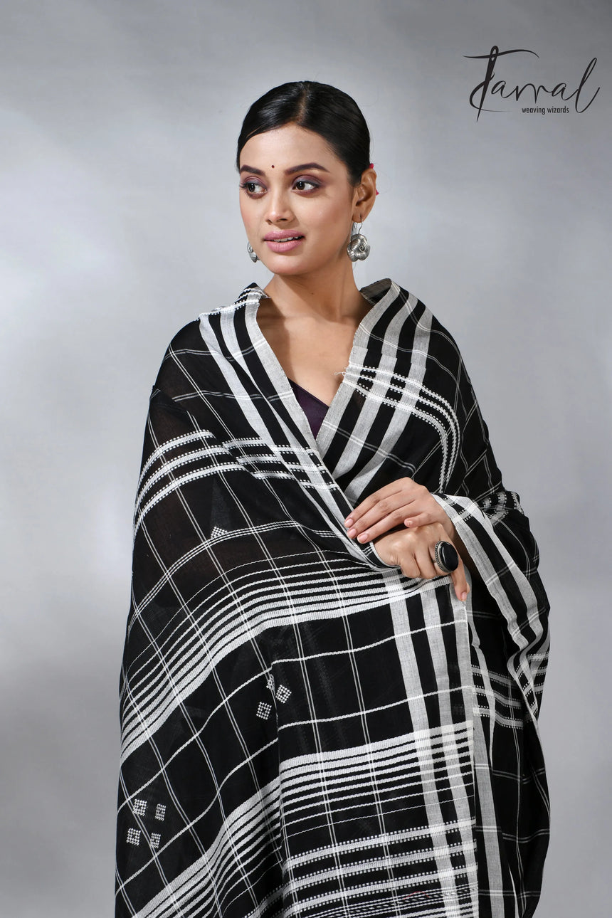 Black with white border checks bhujodi cotton handloom saree