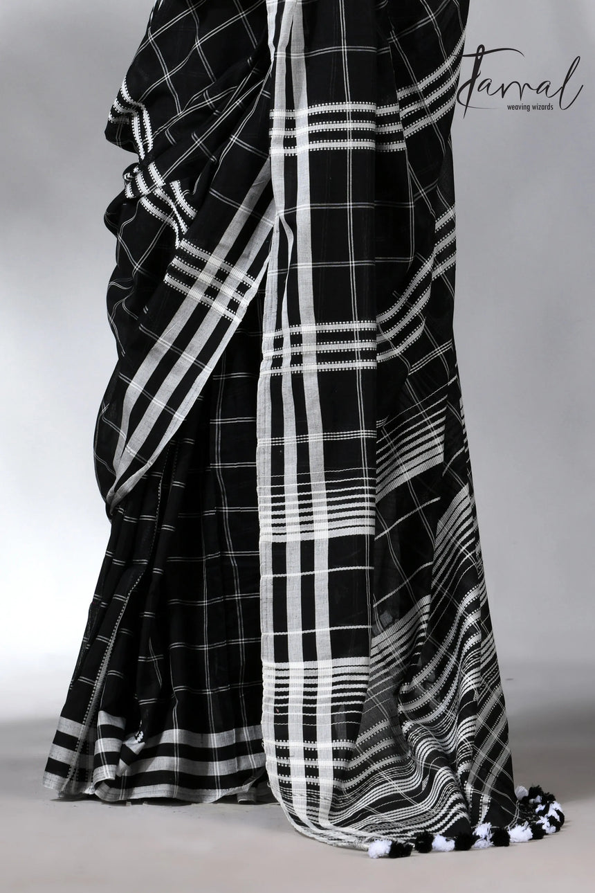 Black with white border checks bhujodi cotton handloom saree