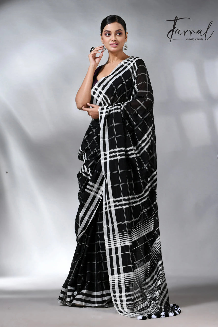 Black with white border checks bhujodi cotton handloom saree