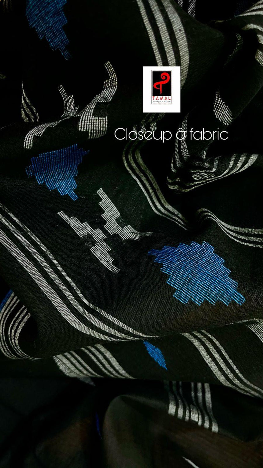 Black with white diamond motifs cotton handwoven jamdani saree